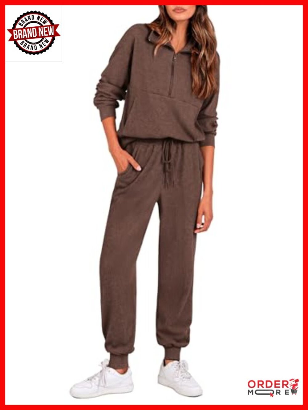 Ribbed Knit Lounge Set Half Zip Jogger Travel Outfit 2 Piece